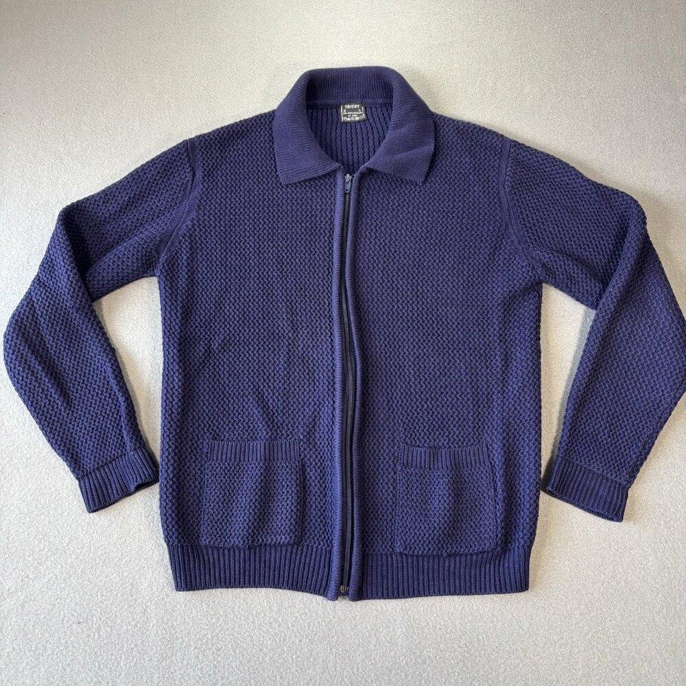 VTG Tricot Womens Blue Full Zip Cardigan Large Fisherman Knit Cottagecore Nordic